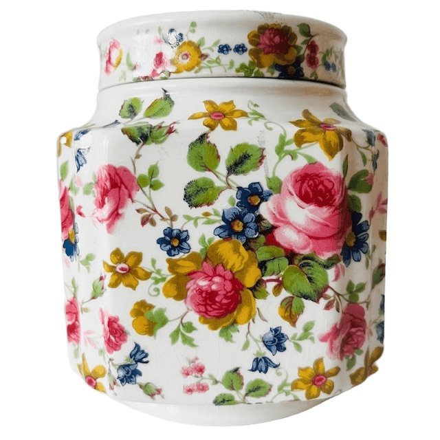 Vintage Sadler Olde Chintz porcelain tea caddy with multicolored