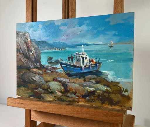 Original Oil Painting Summer Sea Landscape Boat on the horizon