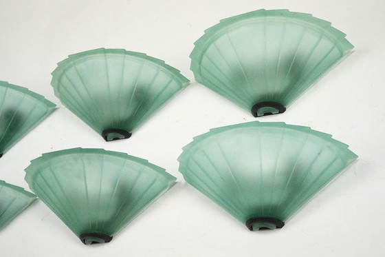 Image 1 of Set of six De Majo sconces in thick green murano glass. Italy 1980s