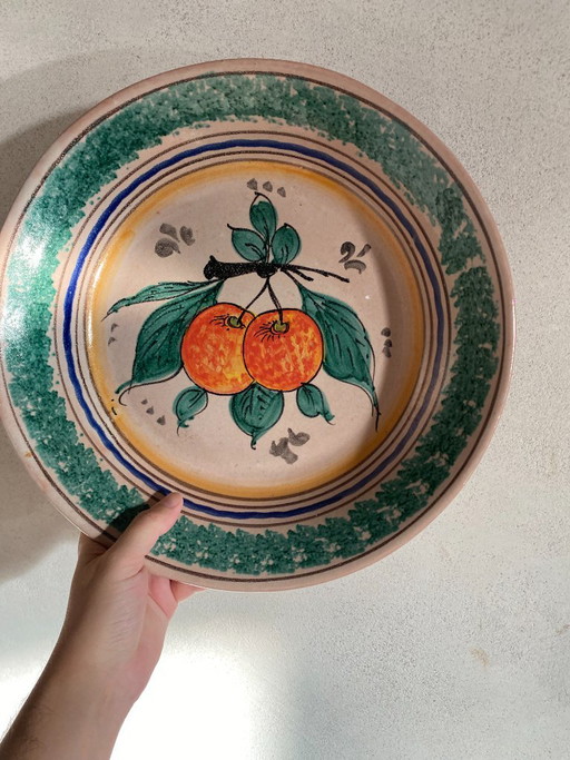 Grande assiette/bol mural vintage en céramique sicilienne des années 1970 – Motif d'agrumes peint à la main – Santo Stefano