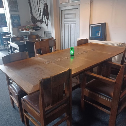 Oak dining set, 1930s Hague School – eetkamerset, Leather, Wood (photo 2 of 5)