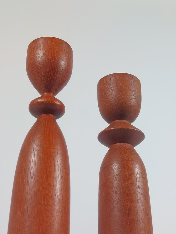 Image 1 of Pair of sculptural wooden teak candlesticks, Scandi style