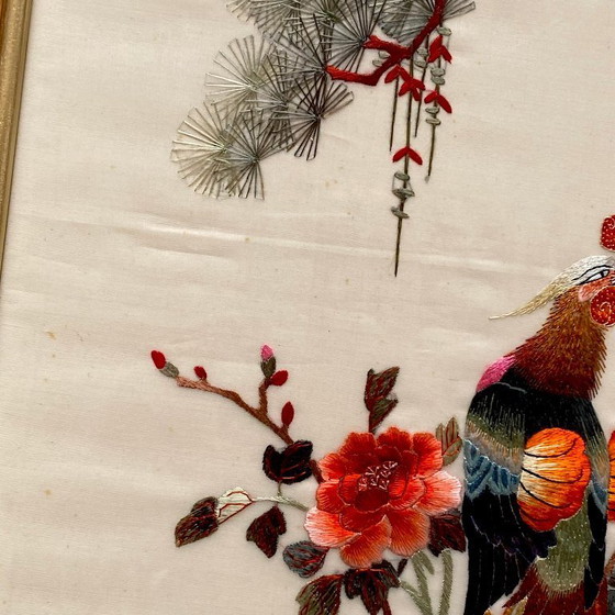 Image 1 of Antique Asian Embroidery Painting of a Black Grouse and Bird