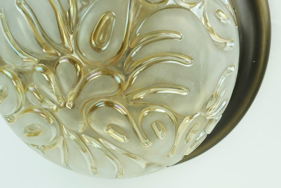 Image 1 of Bellissimo lampadario a soffitto di metà secolo, in vetro acidato, con decorazioni floreali in metallo, anni &#39;70