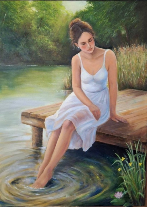 David KANDELAKI - Donna seduta sul molo - Dipinto d'artista