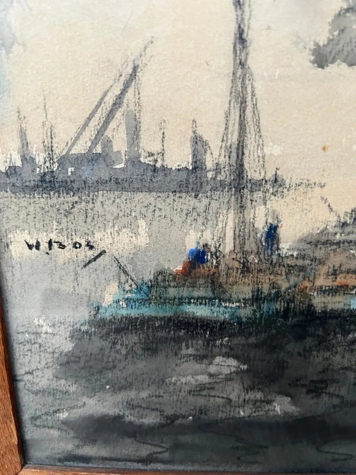 Painting painting "view of the port" – schilderijen tekeningen, Paper, Vintage (photo 2 of 6)