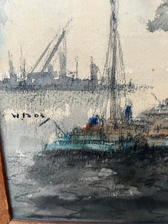 Painting painting "view of the port" – Paintings & Drawings, Paper, Vintage (photo 2 of 6)