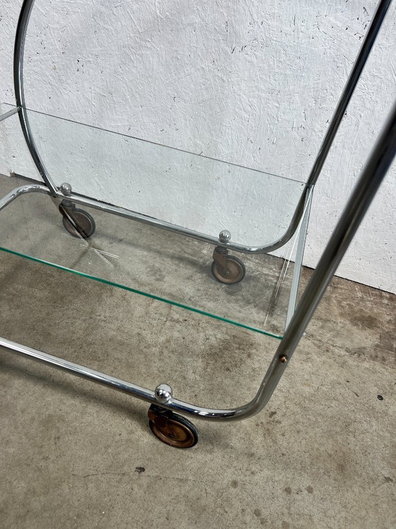 Image 1 of Vintage Chrome Art Deco Trolley with Glass Shelves, Netherlands 1930s