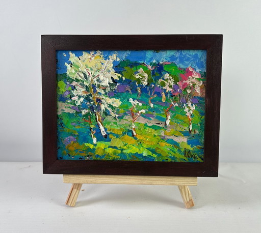 Original Oil Painting Flower Trees Landscape Blooming spring garden