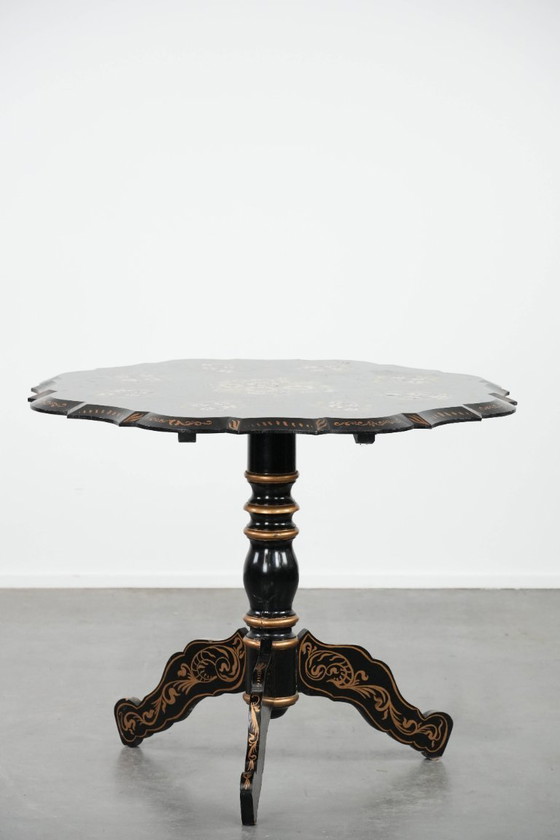 Image 1 of Antique English hand-painted floral tilt-top table from the late 19th century