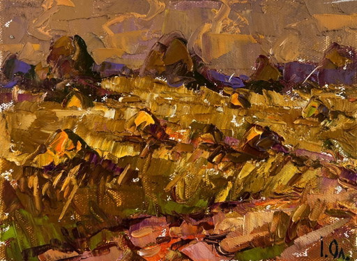 Pintura al óleo original: Paisaje al atardecer en un campo. Un momento entre la luz y la oscuridad.