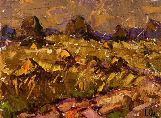 Image 1 of Original Oil Painting Evening Field Landscape A moment between light and darkness