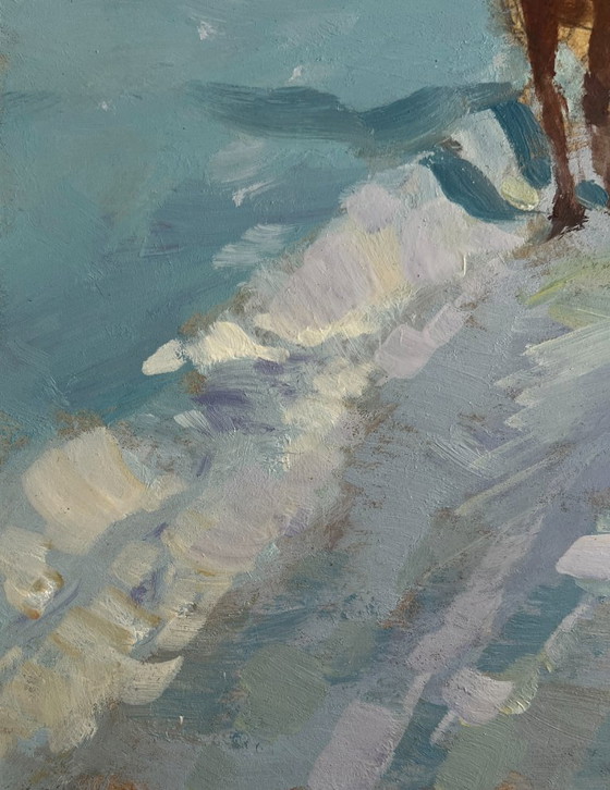 Image 1 of Original Oil Painting Winter Village Landscape Riding a horse in the snow