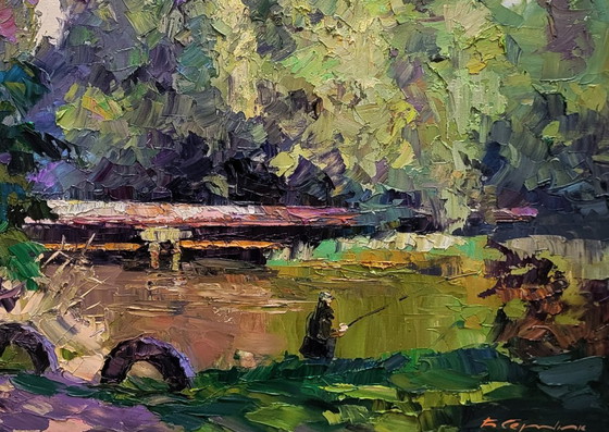 Original Oil Painting Summer Nature Landscape Bridge Alone With The River – Paintings & Drawings, Canvas (photo 7 of 7)