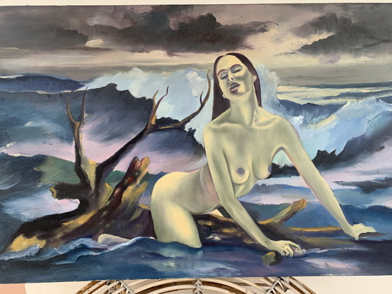 Image 1 of Large Vintage Canvas 60x100 - Artistic Nude Woman in the Waves - Oil Painting on Canvas 1980 with Autograph Dedication on the Ba