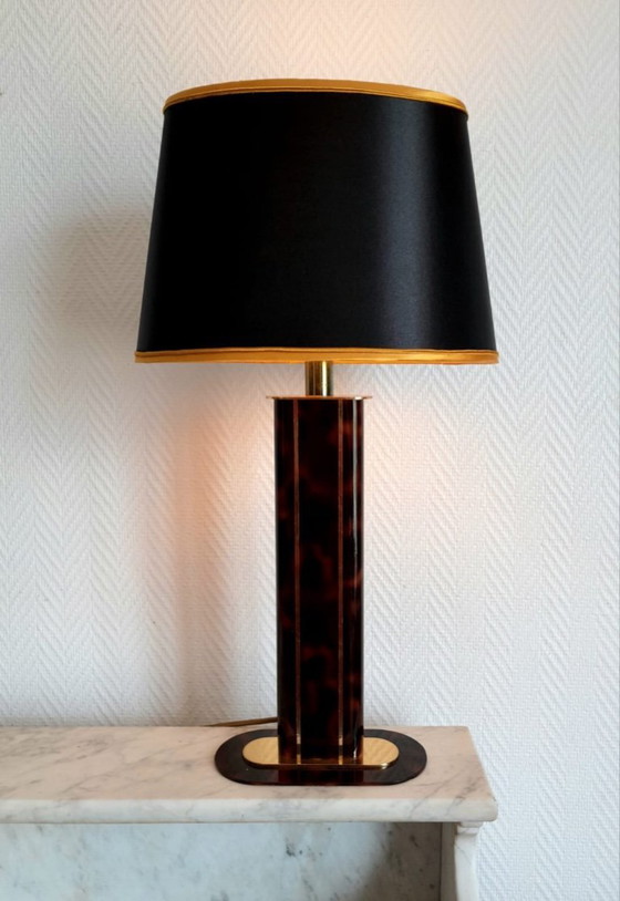 Image 1 of Black and gold Hollywood Regency tortoiseshell lamp