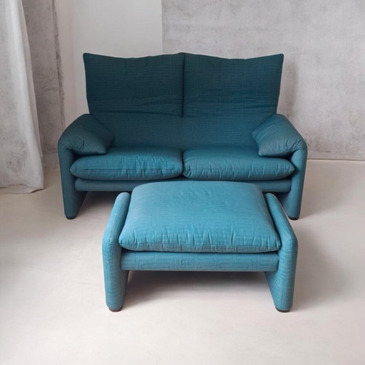 Vintage Cassina Maralunga 2-Seater Sofa with Ottoman - Petrol – banken, Textile