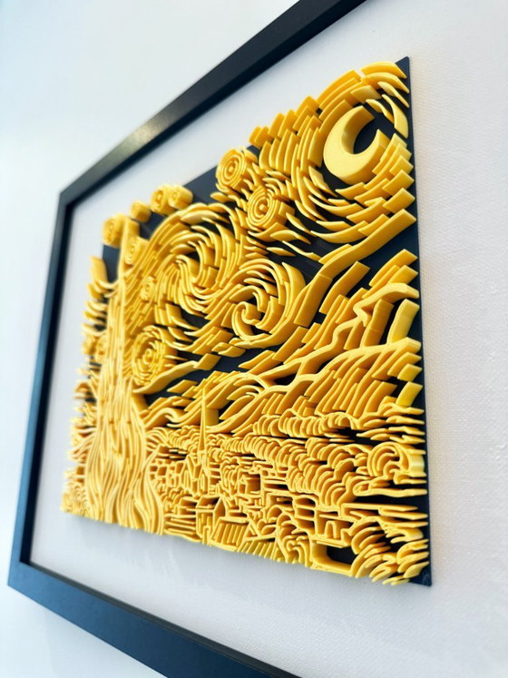 Image 1 of Notte stellata reinterpretata: bassorilievo scultoreo in movimento, opera d'arte da parete.