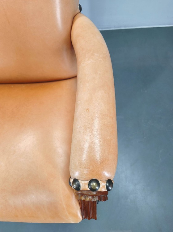 Image 1 of Antieke Deense leren fauteuil, gesneden houten clubfauteuil, begin 1900