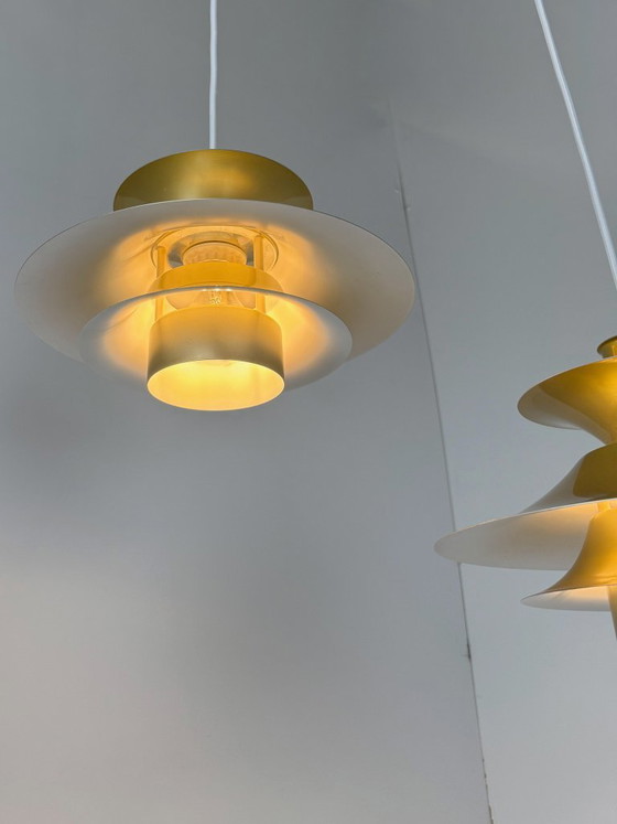 Pair of Model 4108 Pendant Lamps, Lyfa, Denmark, c. 1970s-1980s, Metal, Gold, Mid Century Modern (photo 7 of 13)