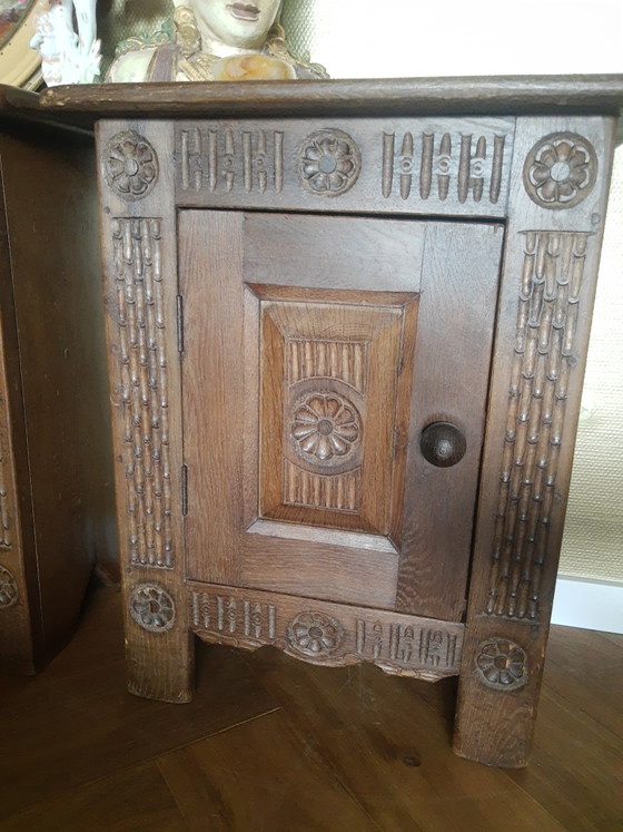 Unieke Set Handgemaakte Antieke Arts&Crafts Art-Nouveau Eikenhouten Kastjes Halkastjes Nachtkastjes, (photo 8 of 15)