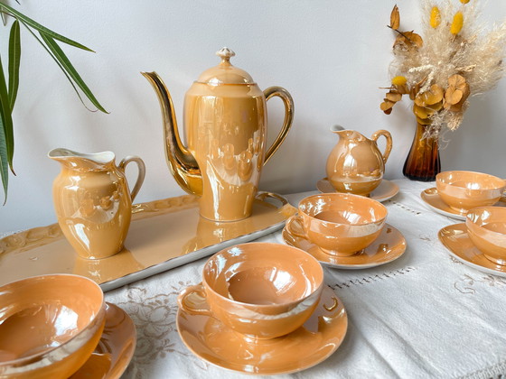 Image 1 of Service à Thé Vintage en Lustre Czecho-Slovaquia Victoria China Pêche Irisé 1950