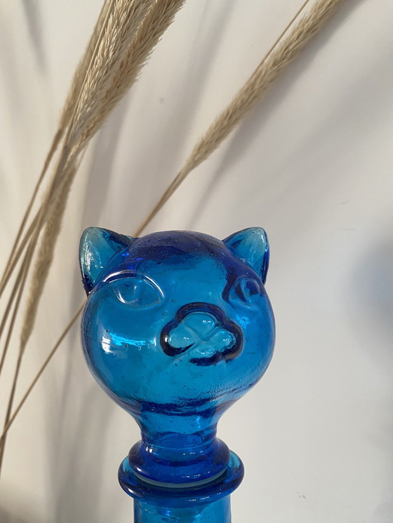 Image 1 of Vintage laserblauwe figuurlijke kat Empoli art glazen karaf/fles, Italië