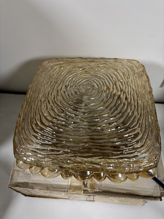 Image 1 of New old stock in doos !  Grote hoogstwaarschijnlijk Glashütte Limburg ?? plafonnière of wandlamp amber glas jaren ‘60/’70