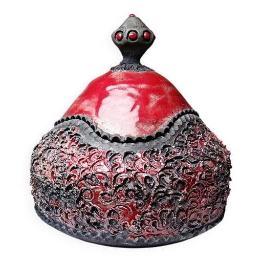 Vintage 2000er rot-graue handgefertigte Raku-Schmuckschatulle