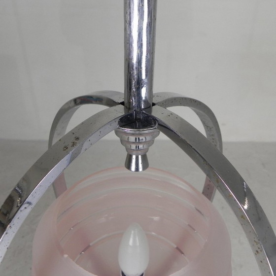 Image 1 of Art Deco pendant lamp with glass shade in a chrome frame, 1930s