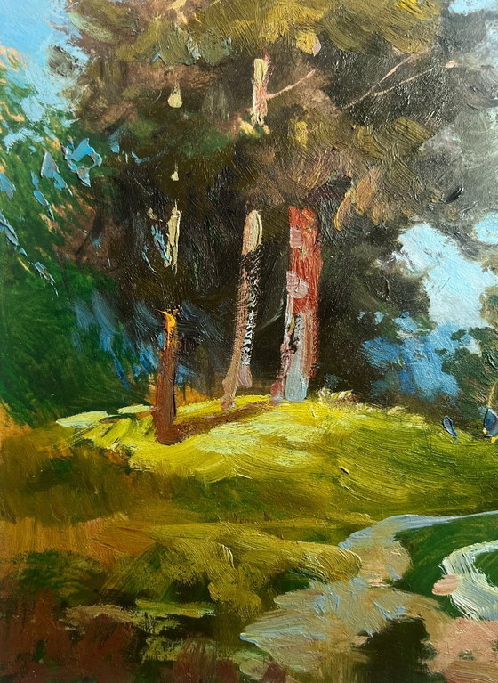Image 1 of Peinture à l'huile originale Paysage de champ d'été Admirez la forêt d'été