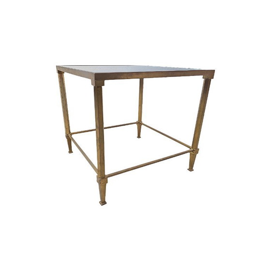 Image 1 of Table d'appoint vintage française en laiton avec verre fumé, années 1950