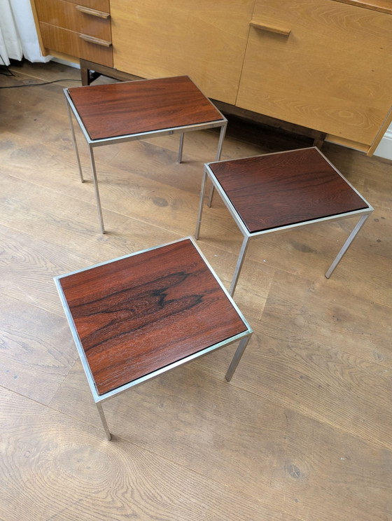 3x mimiset Side tables by Cees Braakman for Pastoe, polished steel, Wood, Brown (photo 2 of 6)