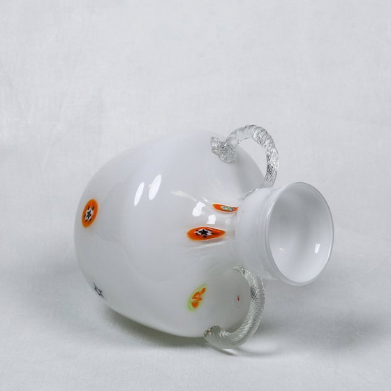 Image 1 of Murano-Opalin-Millefiori-Vase mit klaren Glasgriffen, 1970er Jahre