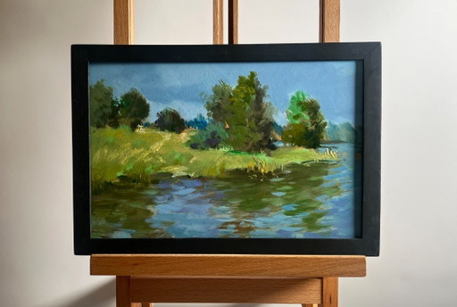 Dipinto ad olio originale, paesaggio costiero fluviale. Un acquazzone si avvicina lungo il fiume.