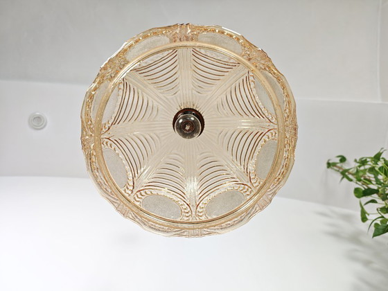 Image 1 of Vintage Amber Glass Pendant Light / 70s Mid Century Hanging Lamp / Retro Ceiling Light / Art Deco Style Glass Shade / Warm Ambie