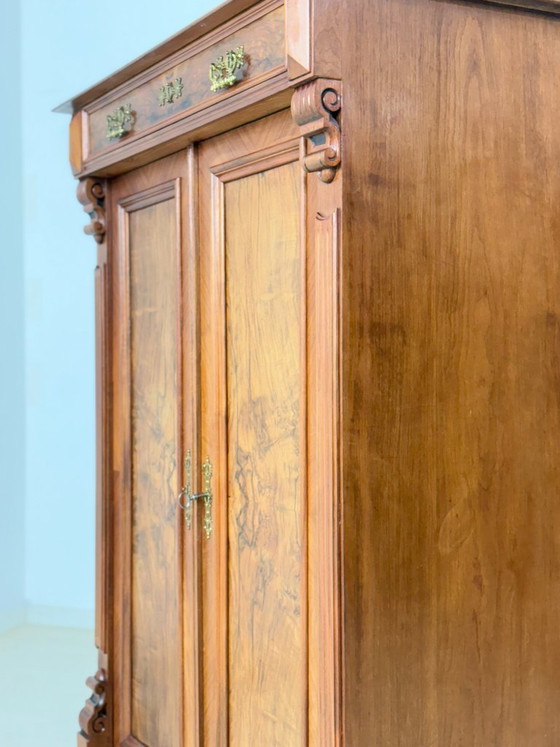Image 1 of Beautiful antique Gründerzeit (late 19th-century) vertiko chest of drawers circa 1900 – elegant walnut veneer & brass fittings