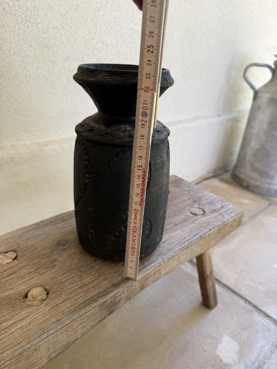 Image 1 of Set of 3 Nepalese Indian pots, carved black wood, tribal & wabi-sabi style