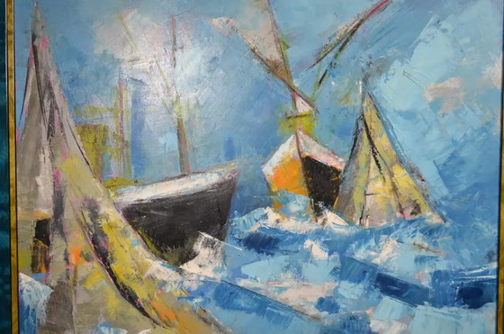 j.j. Millet "Ships in Rough Seas" Olio su tela firmato e datato – Dipinti e disegni, Canvas (photo 4 of 12)