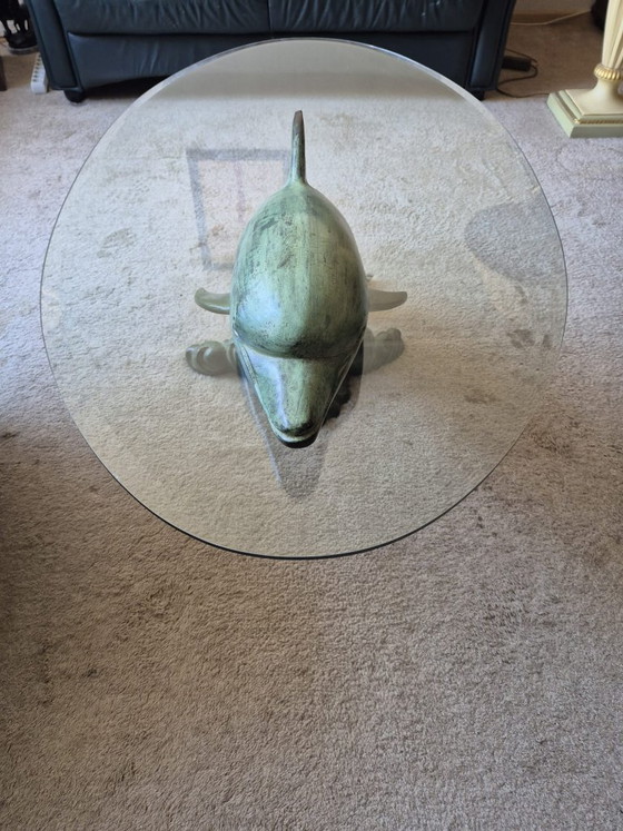 Image 1 of Großer, skulpturaler Delfin-Couchtisch – Hollywood Regency – Bronze-/Messingpatina