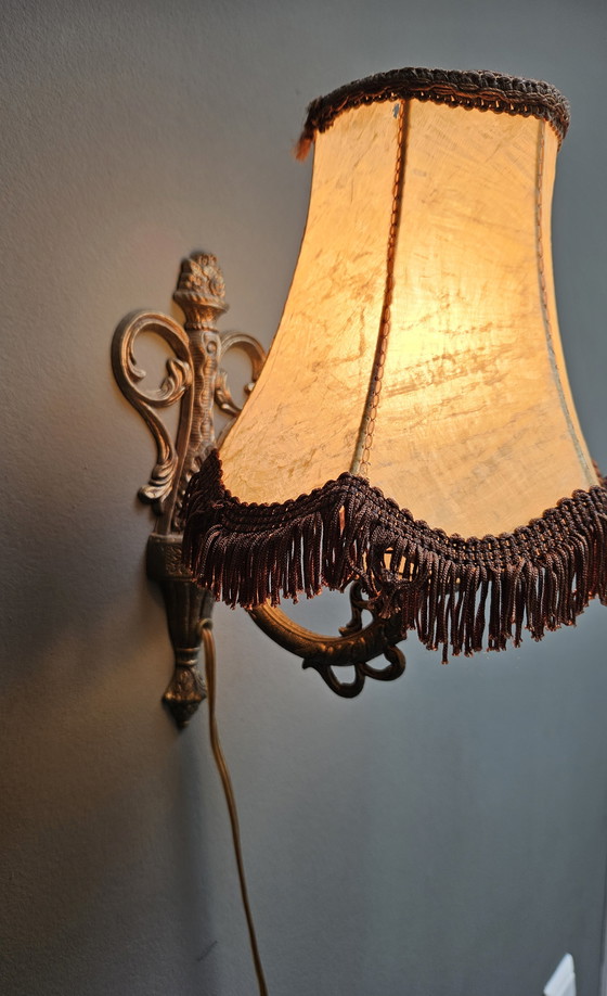 Image 1 of Lampade da parete in stile rococò francese, bronzo con paralumi in pelle