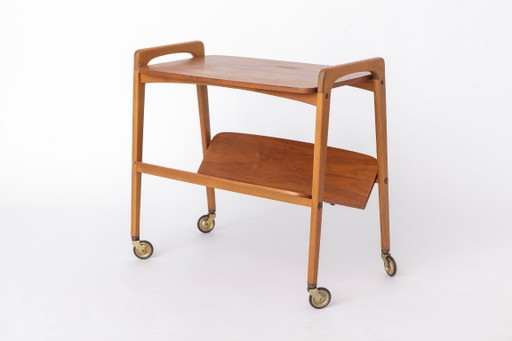 Vintage Bar Cart on Wheels, Mid Century Modern Trolley Table, 1960s German Tea Cart, Teak & Beech Wood