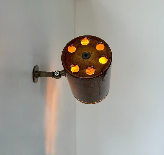 Image 1 of Vintage verstelbare wandlamp, messing en bruin keramiek, Frankrijk, 1980