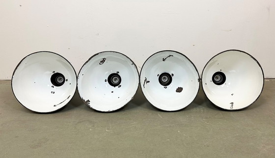 Image 1 of Set of 4 Industrial Bauhaus Black Enamel Pendant Lamps, 1950s