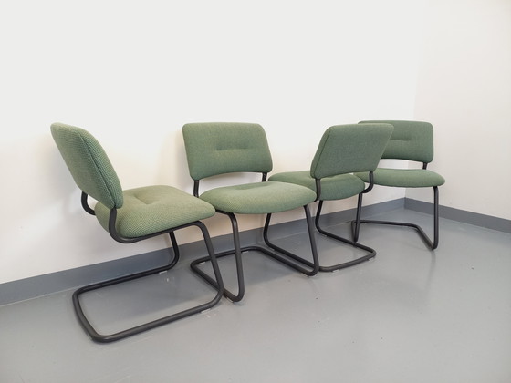 Image 1 of Suite of 4 Vintage Steelcase Style Marcel Breuer Cesca B32 Chairs in Dark Grey Metal and Green Fabric