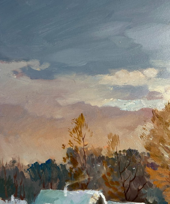 Image 1 of Original Oil Painting Snow Village Landscape Snow and sunset lights