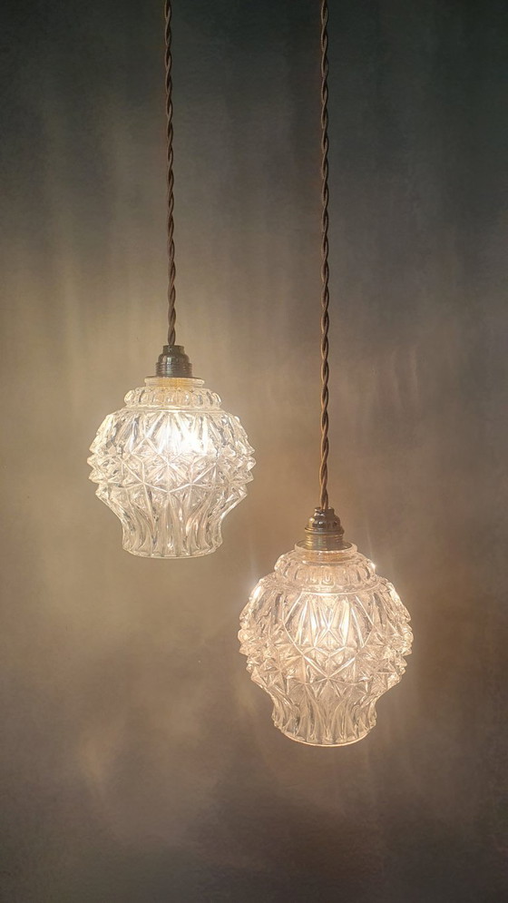 Image 1 of Set van 2 Vintage getextureerde bollampen - hanglampen - midcentury design. 
