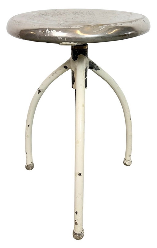 White Industrial Iron Stool, 1960s