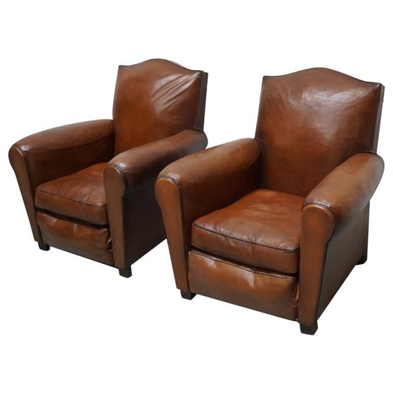 Image 1 of Coppia di poltrone da club francesi in pelle color cognac con schienali a baffo, anni '40