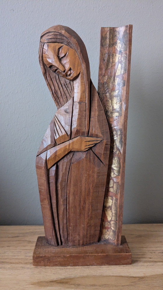Image 1 of Handgeschnitzte Holzmadonne im Art-Deco-Stil